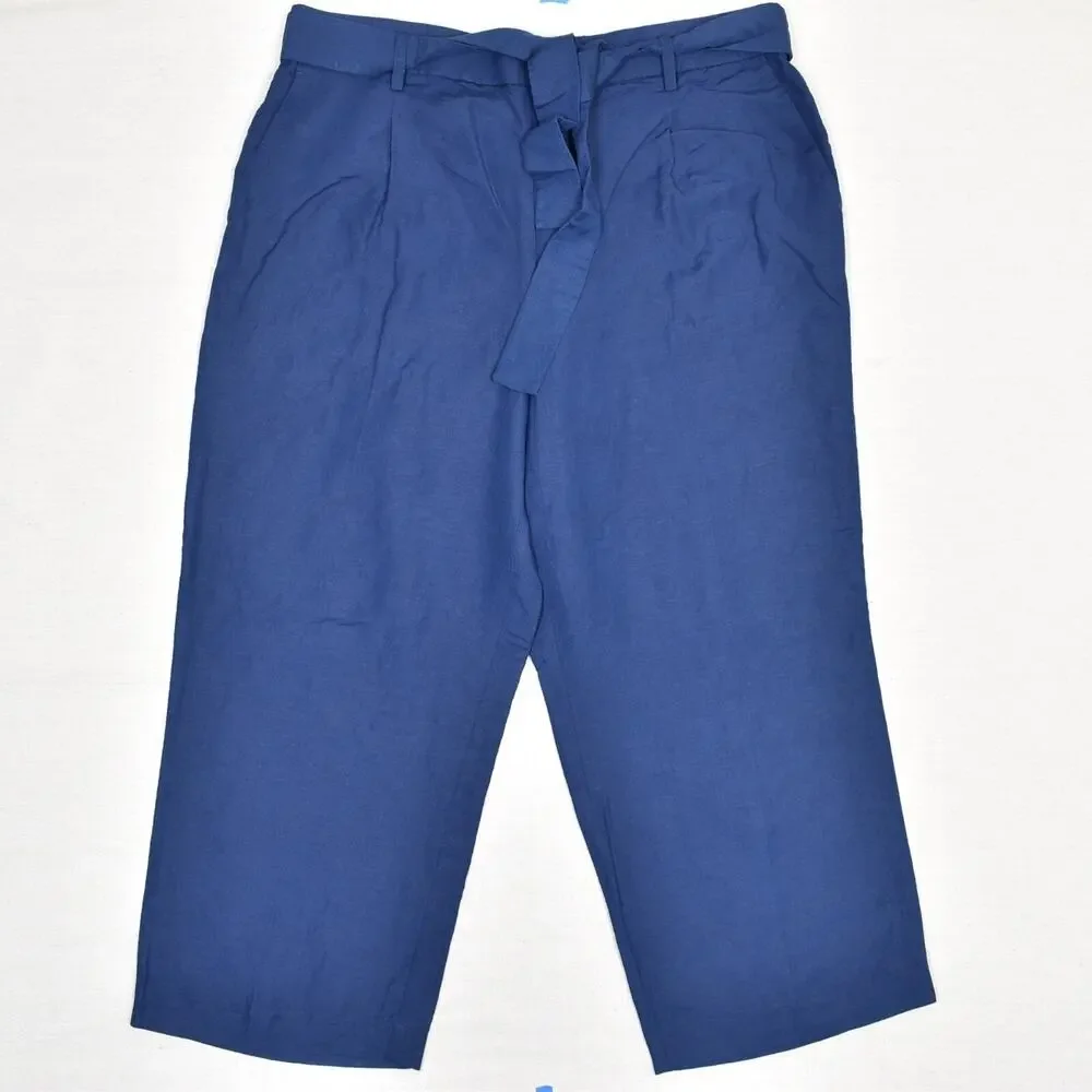 NEW Ann Taylor Women's Straight Pants Crop Belted Linen Blue Size XL High Rise